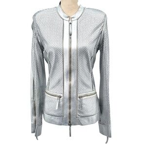 ROBERTO CAVALLI SILVER PERFORATED LEATHER FITTED FULL ZIP JACKET - WAS ALTERED